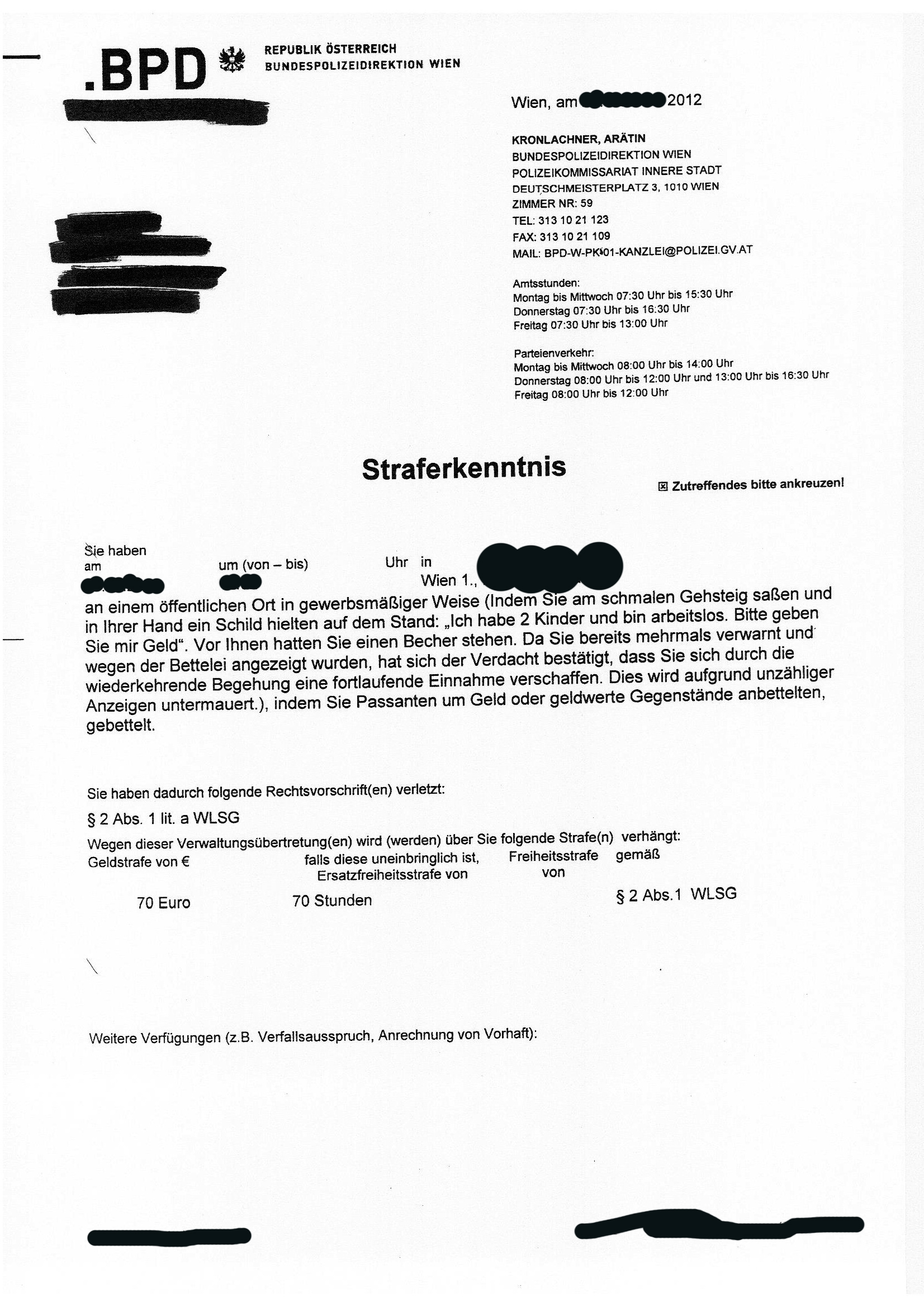 Strafverfügung 8 "gewerbsmäßiges" Betteln